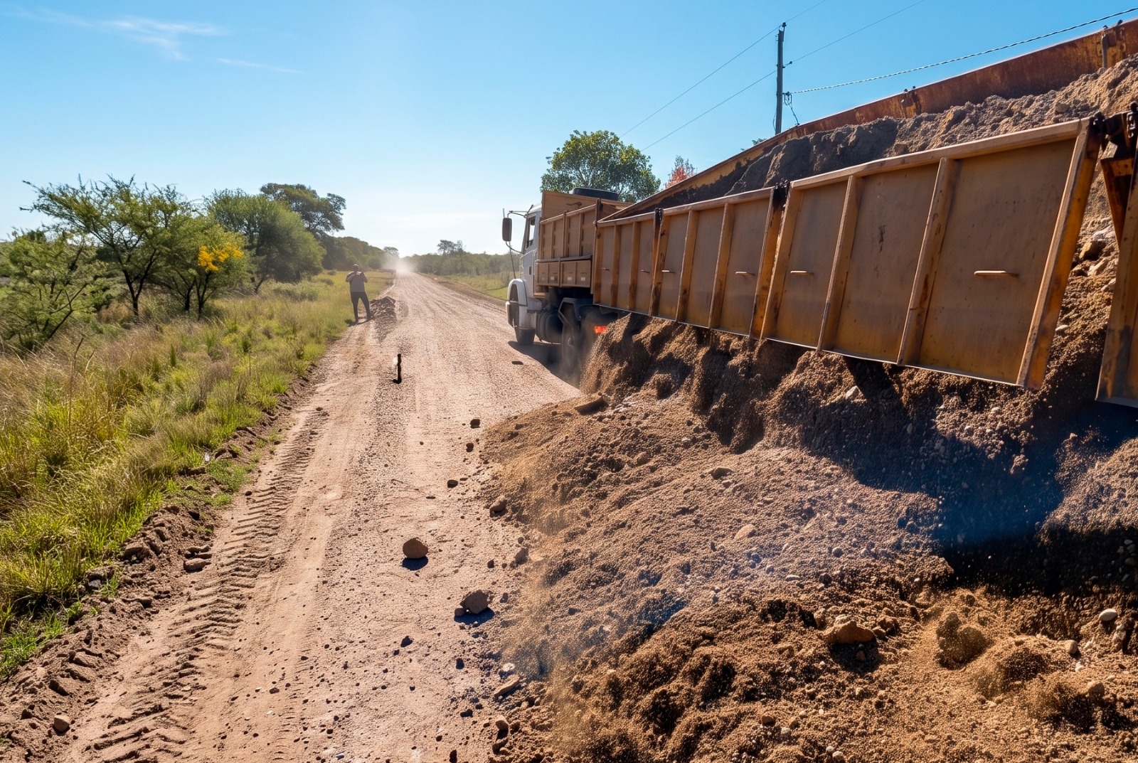 Comenzó la reposición de broza y ripio en un segundo tramo del acceso a Colonia 3 y 14 en el departamento La Paz